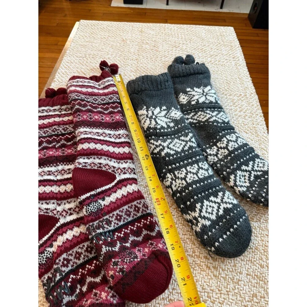 Cozy Knit Slipper Socks Set – Red Fair Isle & Gray Snowflake